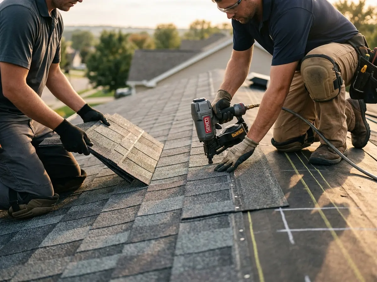 Professional roofer working on a residential roof in Lynbrook